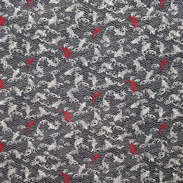 Sevenberry Japan Nara Homespun cotton canvas fabric - wave and red koi pattern over deep navy indigo