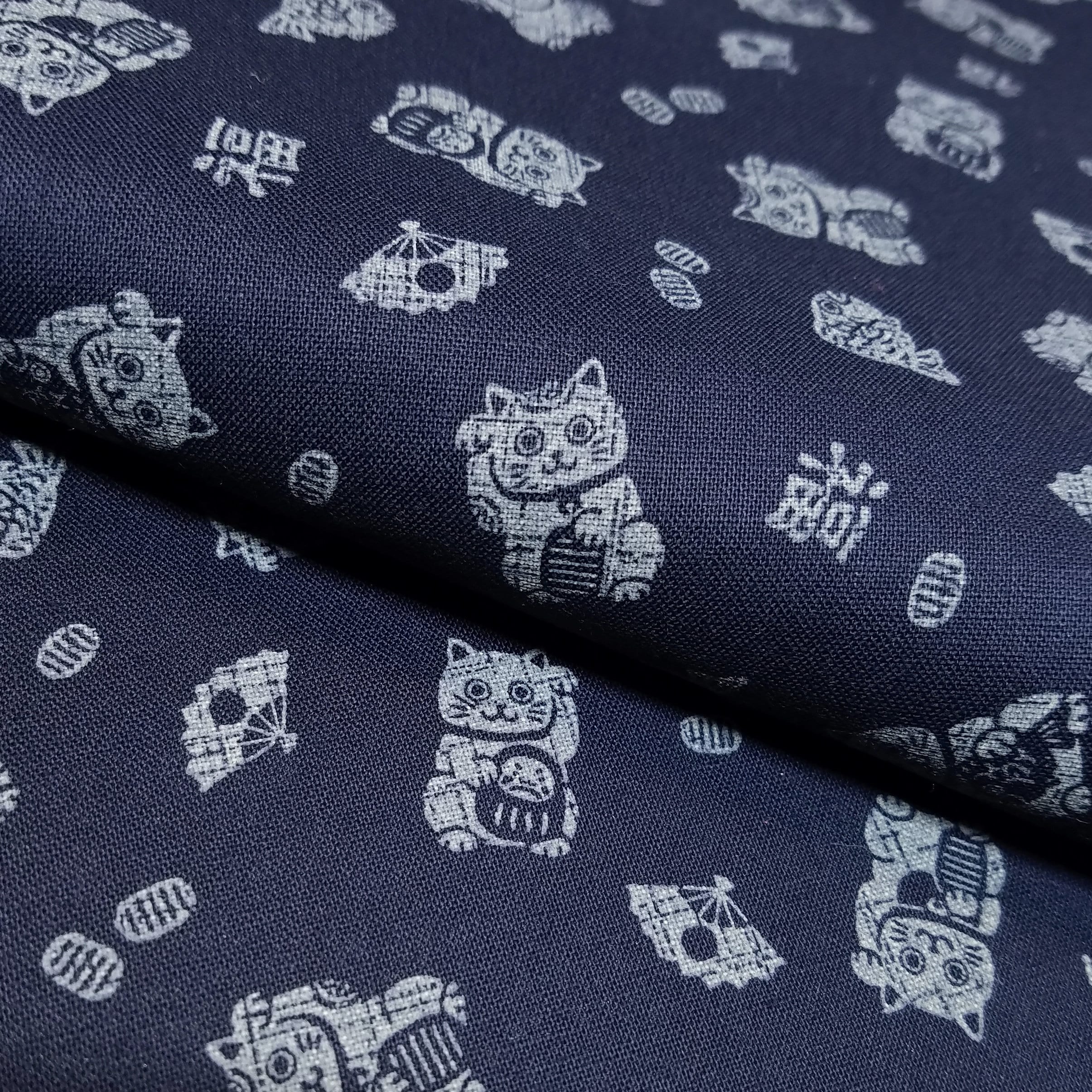 maneki neko lucky cat pattern Traditional indigo basics quilting cotton