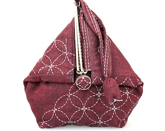 NEW Color QH Textiles sashiko slide clasp purse kit with burgundy yarn dyed cotton