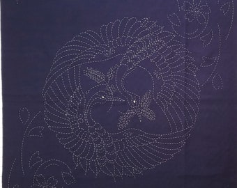 Sashiko pre-printed wash-away pattern sampler panel - Cranes and Sakura cherry blossoms on dark navy