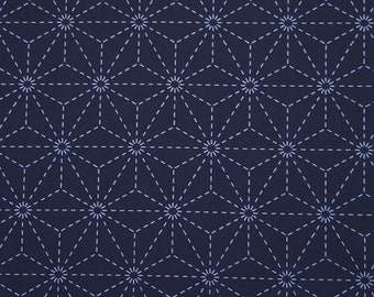 Dark indigo navy pre-printed wash-away sashiko fabric -  Asanoha hemp leaf pattern 101-B