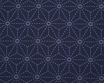 Dark indigo navy pre-printed wash-away sashiko fabric -  Asanoha hemp leaf pattern 101-B