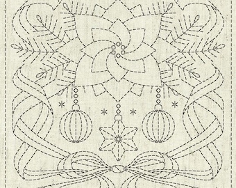 QH Textiles sashiko pre-printed wash-away pattern sampler - "Blessings" holiday floral on natural beige greige