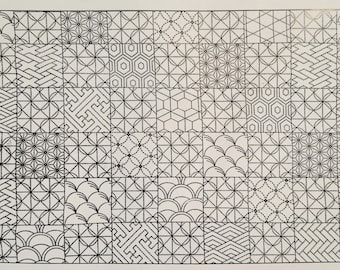 Sashiko pre-printed wash-away pattern sampler panel - patchwork traditional Japanese patterns