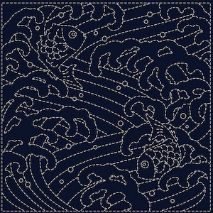 QH Textiles sashiko vorgedrucktes Wash Away Muster Muster - "Ara-Nami 2" Koi und Wellen auf marineblauer Baumwolle
