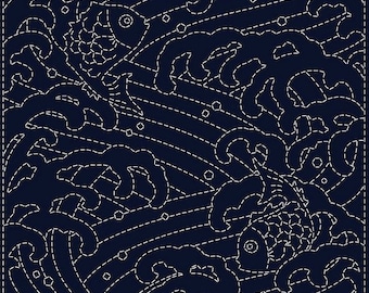 QH Textiles sashiko pre-printed wash-away pattern sampler - "Ara-Nami 2" koi and waves on navy cotton