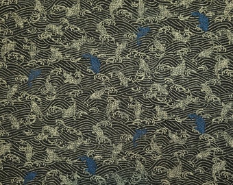 Sevenberry Japan Nara Homespun cotton canvas fabric - wave and blue koi pattern over black