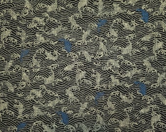 Sevenberry Japan Nara Homespun cotton canvas fabric - wave and blue koi pattern over black