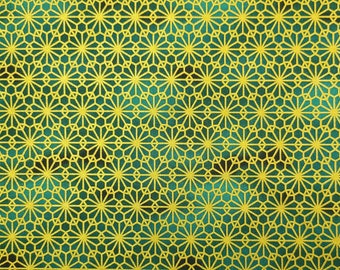 Quilt Gate Hyakka Ryoran Suzune cotton - Gold kiku mum over Teal Green hues