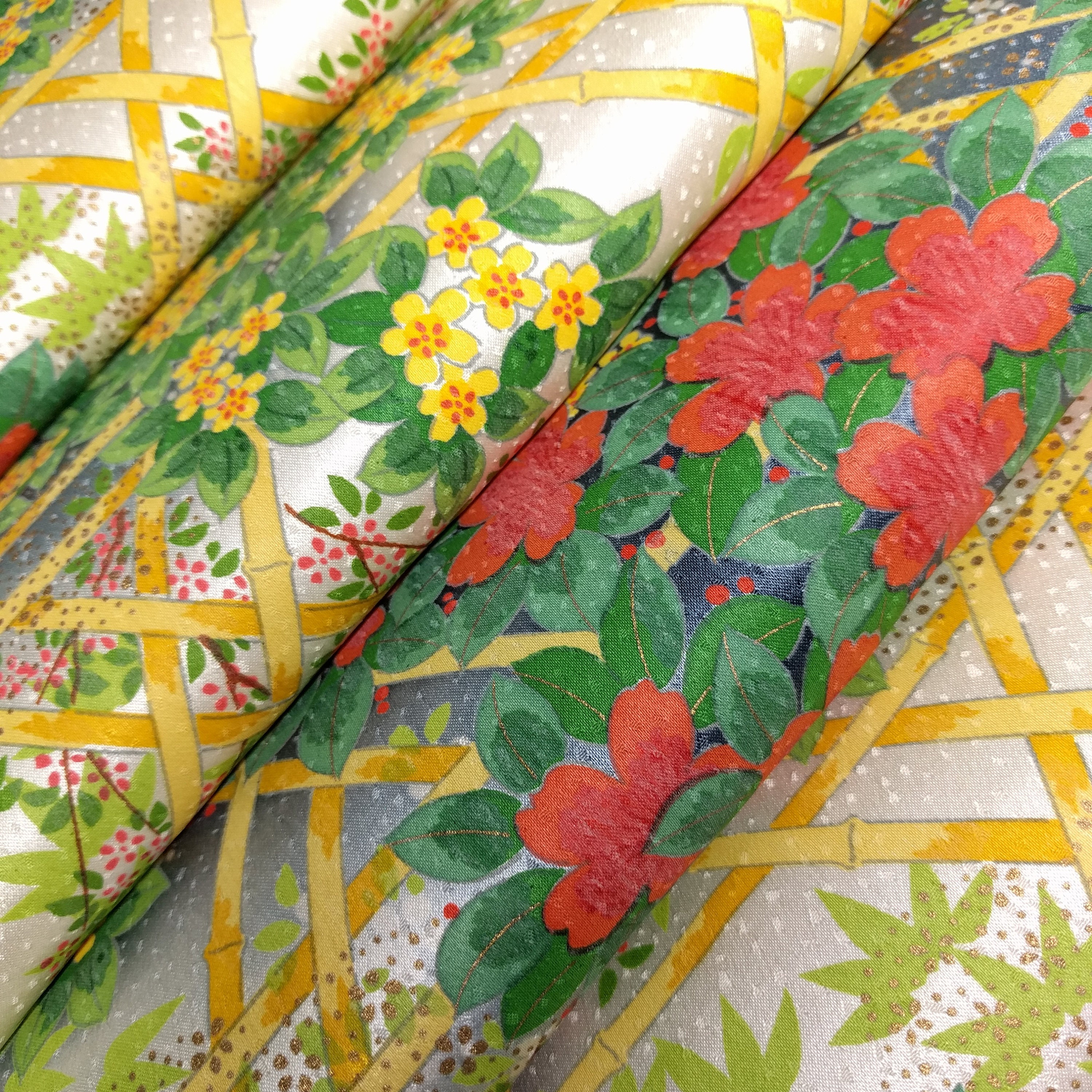 Silk kimono fabric with floral trellis scene and metallic gold accents
