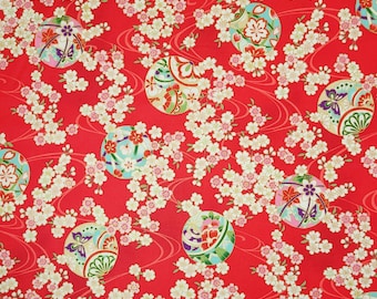 Quilt Gate Hyakka Ryoran Suzune cotton - Temari Balls and Sakura over bright red hue