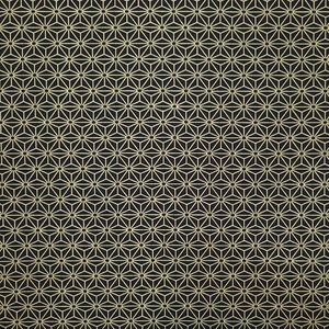 May include: A black background with a repeating pattern of gold geometric stars.