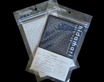 Lecien Hidamari pre-printed wash-away sashiko coaster sampler - traditional patterns on gray silver or navy blue