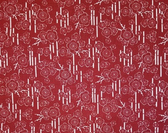 Sevenberry Japan Nara Homespun cotton canvas fabric -  white Bamboo and ume plum blossoms over deep red