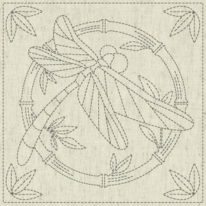 QH Textiles sashiko pre-printed wash-away pattern sampler - dragonfly &quot;Summertime&quot; pattern on natural beige greige