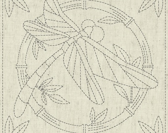 QH Textiles sashiko pre-printed wash-away pattern sampler - dragonfly "Summertime" pattern on natural beige greige