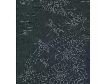 NEW COLORS QH Textiles sashiko pre-printed wash-away panel - Twilight Dragonfly on yarn dyed cotton