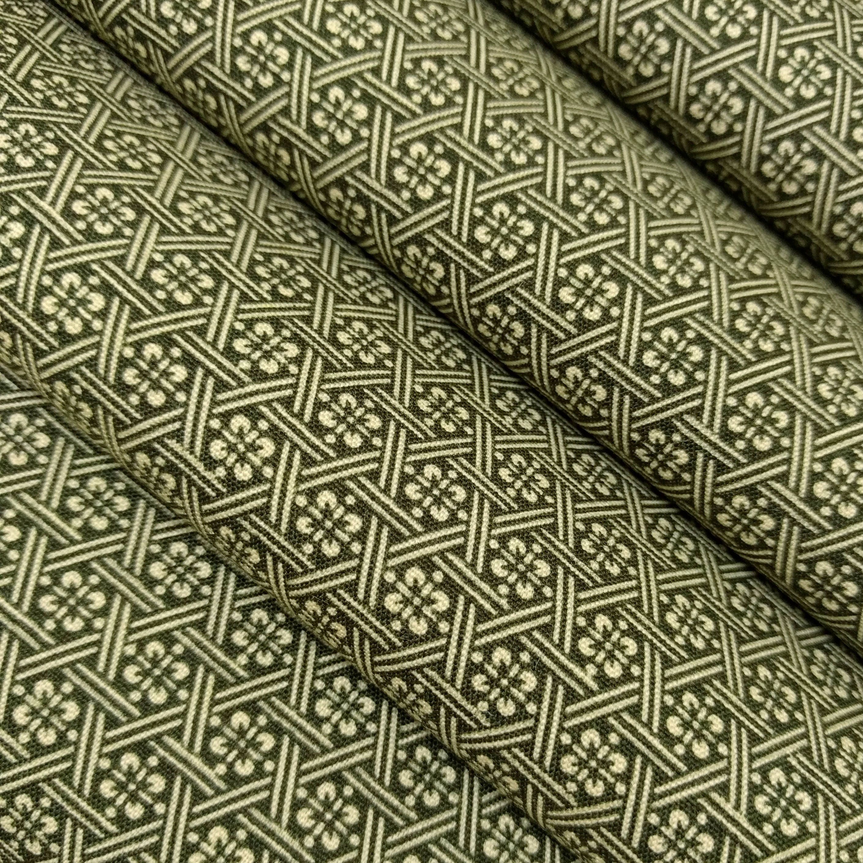 Vintage, moss green with white floral wool kimono fabric by the yard