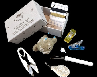 Clover Japan sewing kit with felted wool puffer fish pincushion