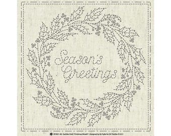Sashiko pre-printed wash-away pattern sampler - Season's Greetings Christmas Wreath (greige, red or green)