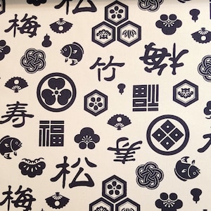 Kokka Japan #8 weight cotton duck canvas - deep navy traditional motifs over natural beige -celebration pattern