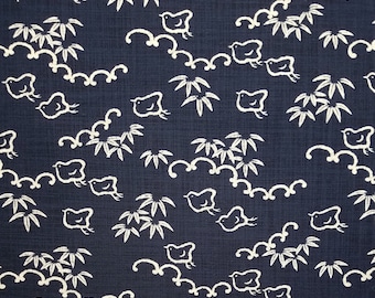 Sevenberry Japan Nara Homespun cotton canvas fabric - sparrow birds and pine pattern over navy indigo blue
