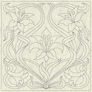 QH Textiles sashiko pre-printed wash-away pattern sampler - lily "Purity" pattern on natural beige greige