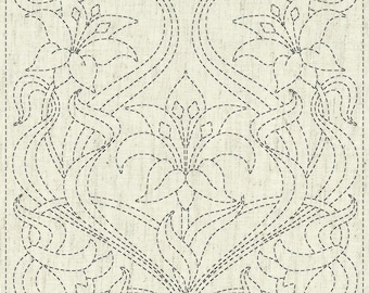 QH Textiles sashiko pre-printed wash-away pattern sampler - lily "Purity" pattern on natural beige greige