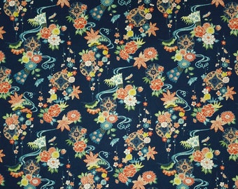 Sevenberry Japan kiku Collection - Dark navy indigo water and floral patterned cotton fabric