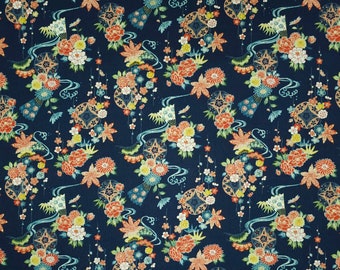 New Sevenberry Japan kiku Collection - Dark navy indigo water and floral patterned cotton fabric