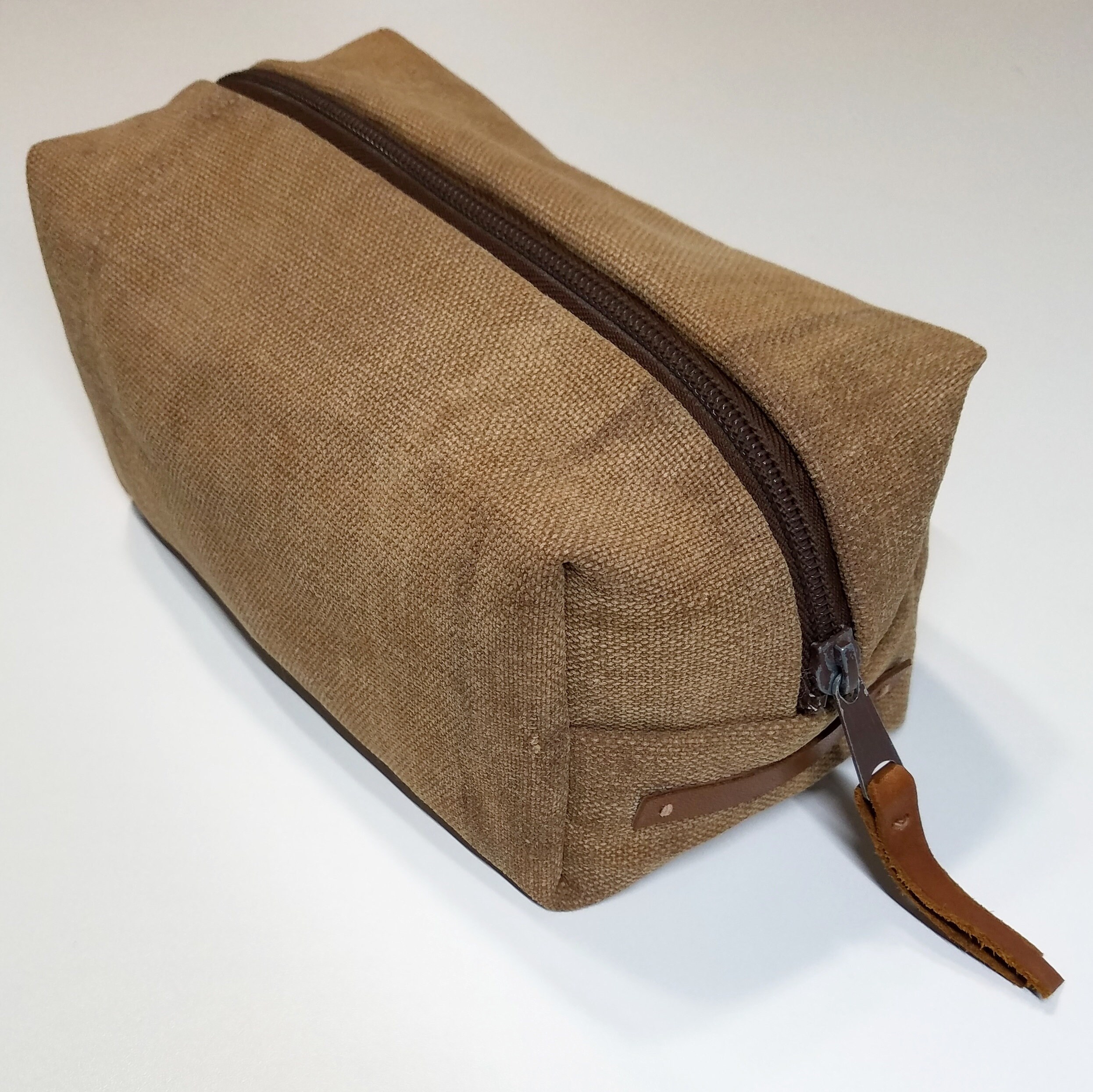 Men's dopp travel bag created with antique sakabukuro kakishibu dyed canvas