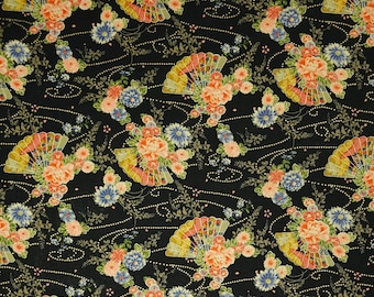 New Sevenberry Japan kiku Collection - Black Fan and Floral cotton fabric