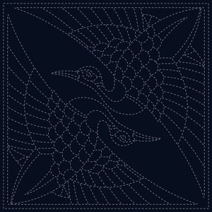May include: A white outline of two birds facing opposite directions on a dark blue background. The birds are stylised with a series of circles and lines forming their bodies and wings.