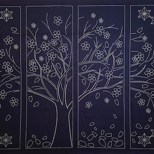 May include: A dark blue fabric panel featuring a white embroidered design of stylized trees, flowers, and starburst shapes. The design is repeated across four vertical panels, creating a cohesive pattern. The embroidery is detailed and delicate.