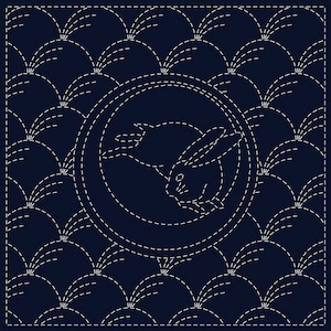 QH Textiles sashiko pre-printed wash-away pattern sampler - "Tsuki-ni-usagi" bunny and moon on navy cotton