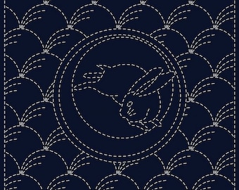 QH Textiles sashiko pre-printed wash-away pattern sampler - "Tsuki-ni-usagi" bunny and moon on navy cotton