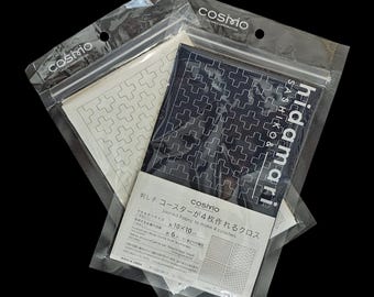 Lecien Hidamari pre-printed wash-away sashiko coaster sampler - traditional hitomezashi patterns on white or dark navy