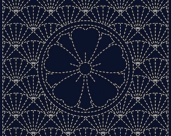 QH Textiles sashiko pre-printed wash-away pattern sampler - "Ken-zakura" flower kamon and fans on navy cotton