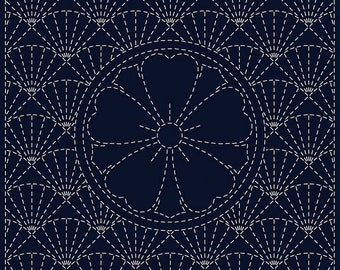 QH Textiles sashiko pre-printed wash-away pattern sampler - "Ken-zakura" flower kamon and fans on navy cotton