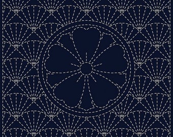 QH Textiles sashiko pre-printed wash-away pattern sampler - "Ken-zakura" flower kamon and fans on navy cotton