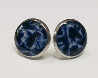 Silver toned stainless steel stud earrings with indigo and white shibori kimono fabric