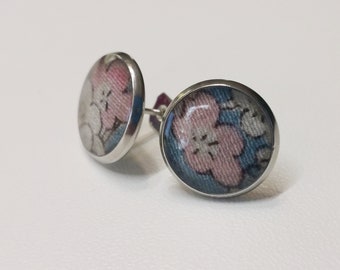 Silver toned stainless steel stud earrings with pink plum blossom kimono silk