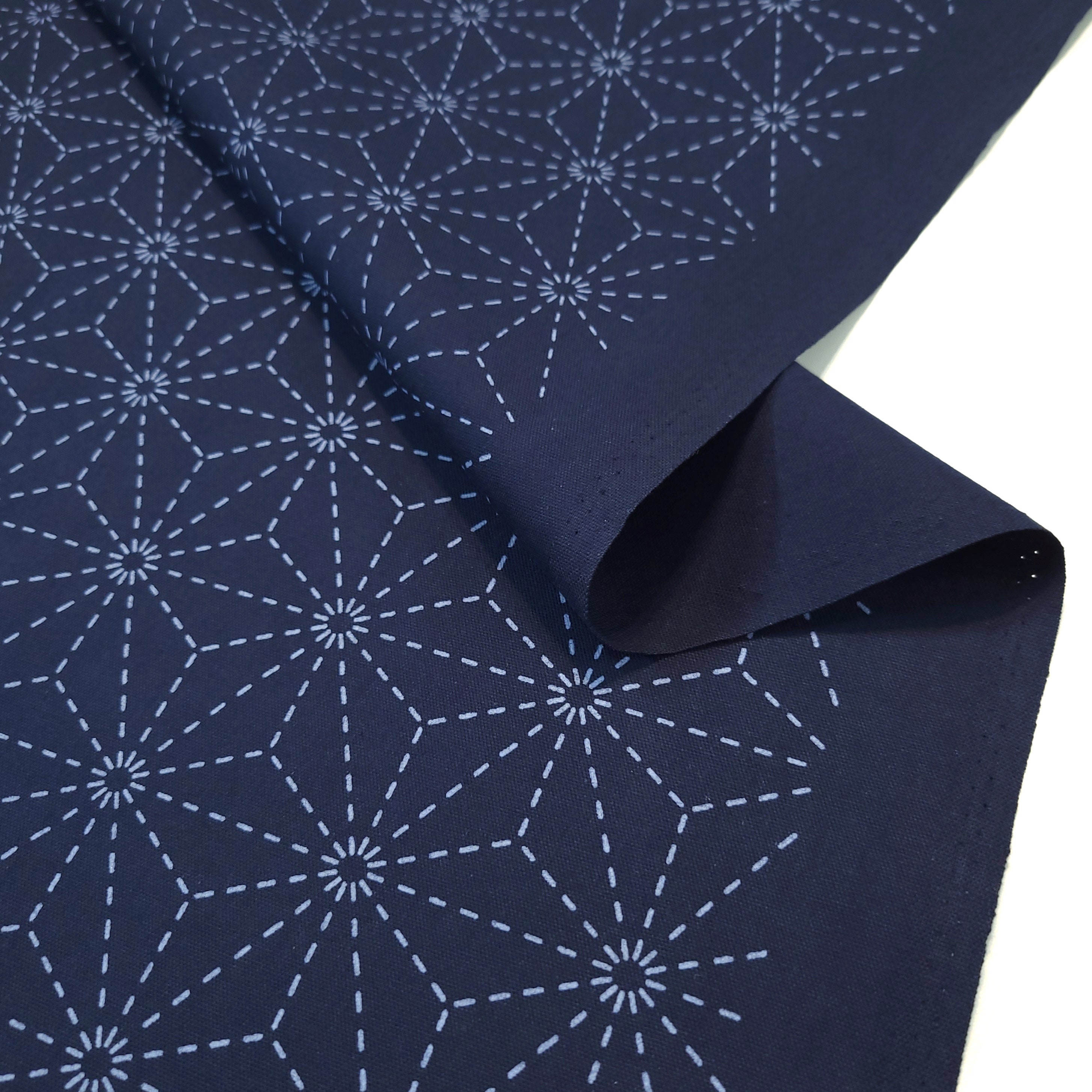 Dark indigo navy pre-printed wash-away sashiko fabric - Asanoha hemp leaf  pattern 101-B