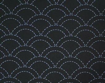 Black pre-printed wash-away sashiko fabric -  Seigaiha wave pattern 103-A