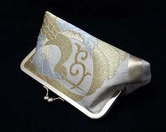 Obi silk clutch purse bridal evening bag with metal kiss lock closure - Gold and Silver cranes