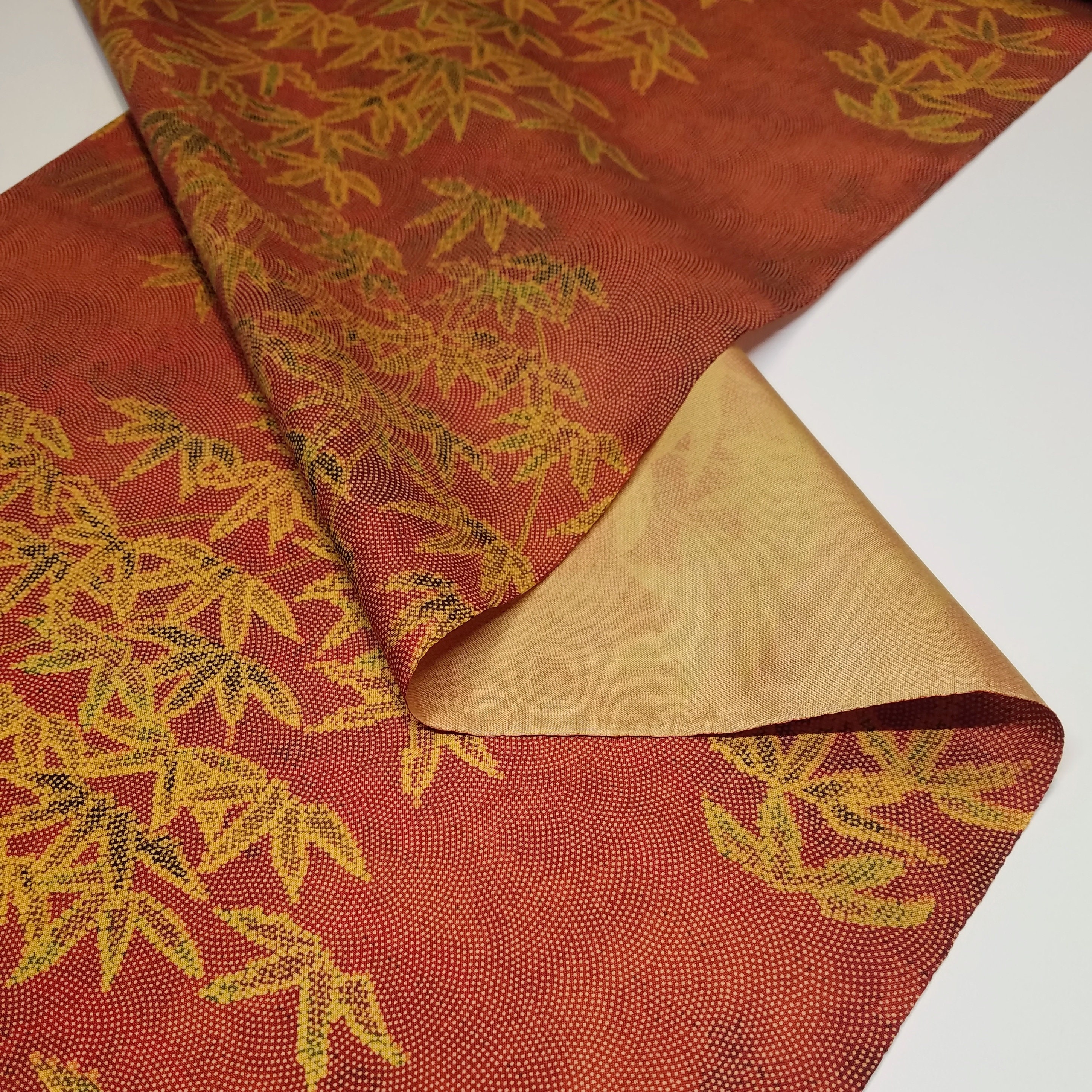 Tsumugi pongee Silk Kimono Fabric with golden bamboo design by the yard