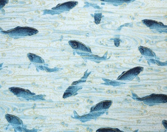 Imperial Collection 17 by Studio RK - water blue waves and fish with metallic over off-white