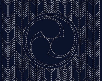 QH Textiles sashiko pre-printed wash-away pattern sampler - "Mitsu-Domoe" kamon and arrow on navy cotton