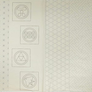 May include: A sheet of paper with various Japanese patterns and symbols. The patterns include a repeating wave pattern, a geometric pattern, and a flower pattern. The symbols include a circle with three dots, a circle with eight dots, a triangle, a circle with a wave, a square with a diamond, and a circle with three lines.