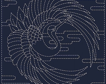NEW QH Textiles sashiko pre-printed wash-away pattern sampler - "Crane Crest" crane and egasumi